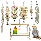 MQUPIN Bird Parrot Swing Chewing Toys- 7 Packs Natural Wood Hanging Bell Bird Cage Toys Suitable for Small Parakeets, Cockati