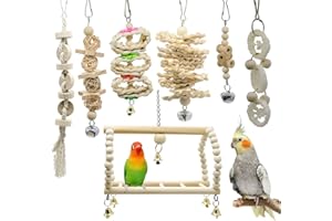 MQUPIN Bird Parrot Swing Chewing Toys- 7 Packs Natural Wood Hanging Bell Bird Cage Toys Suitable for Small Parakeets, Cockati