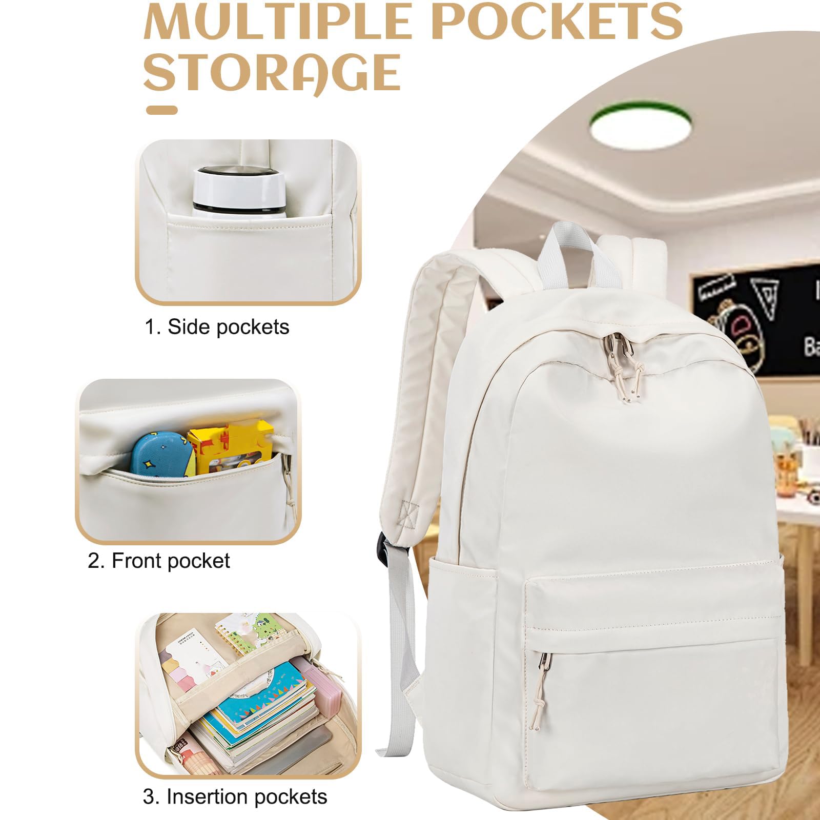 School Backpack for Teen Girls Women Laptop Backpack College Bookbags Middle School Travel Work Commuter Back Pack(Solid Beige)