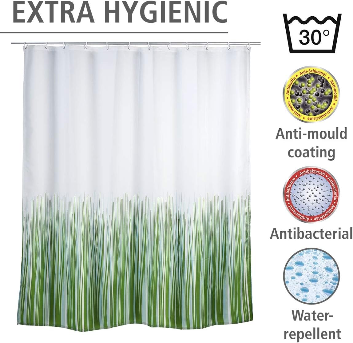 WENKO 20060100 Antimould shower curtain Nature antibacterial, washable, Plastic Polyester, White, Multi-colour - Image 4