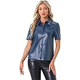 Allegra K PU Leather Button Down Shirt for Women's Short Sleeve Collar Blouse Jacket Party Club Top