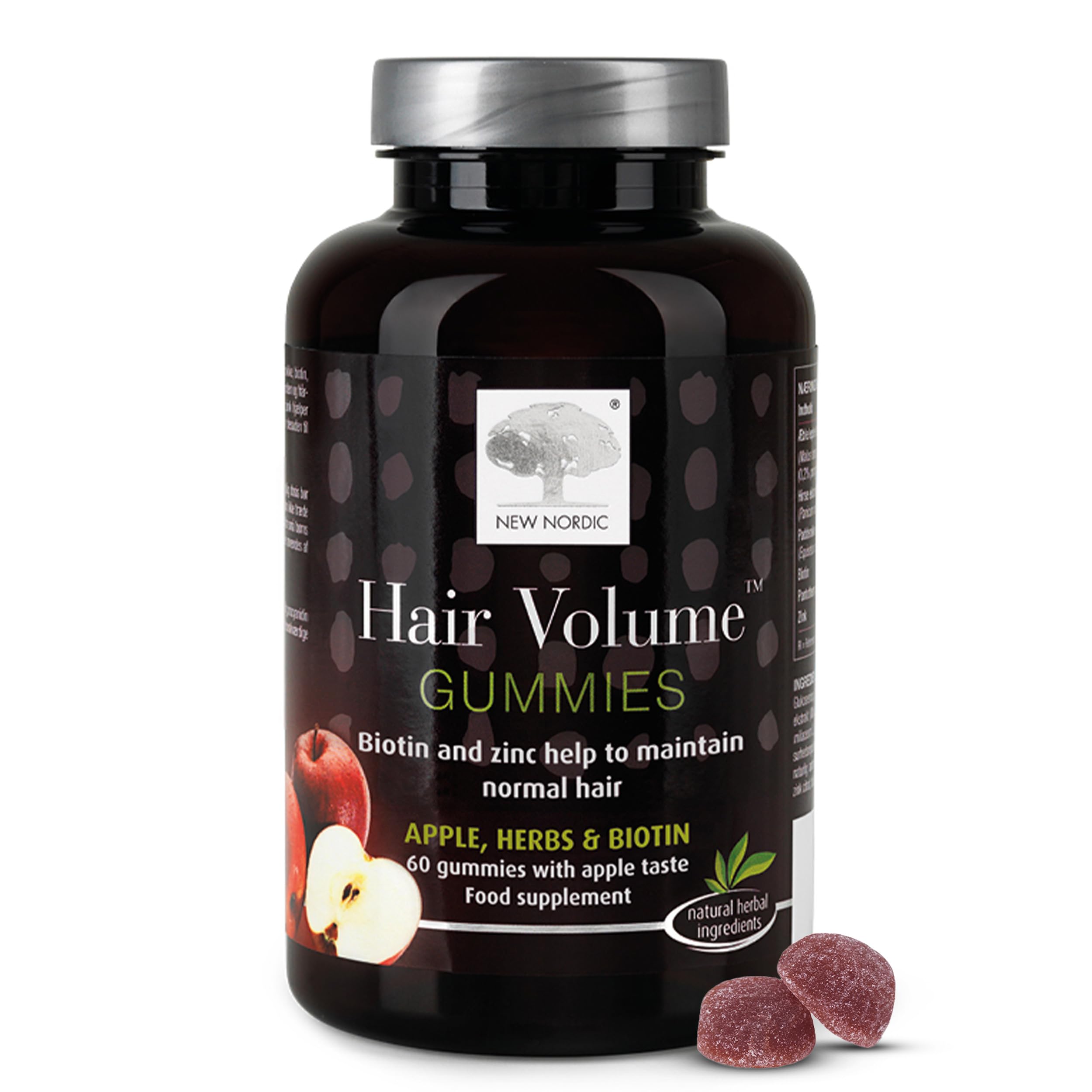 New Nordic Hair Volume Gummies - 475mcg Biotin - Vegan Growth Supplement to Support Skin & Nails for Men & Women - Apple Flavour - 60 Count