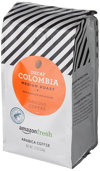 AMAZON FRESH DECAF COLOMBIA GROUND COFFEE, MEDIUM ROAST, 12 OUNCE