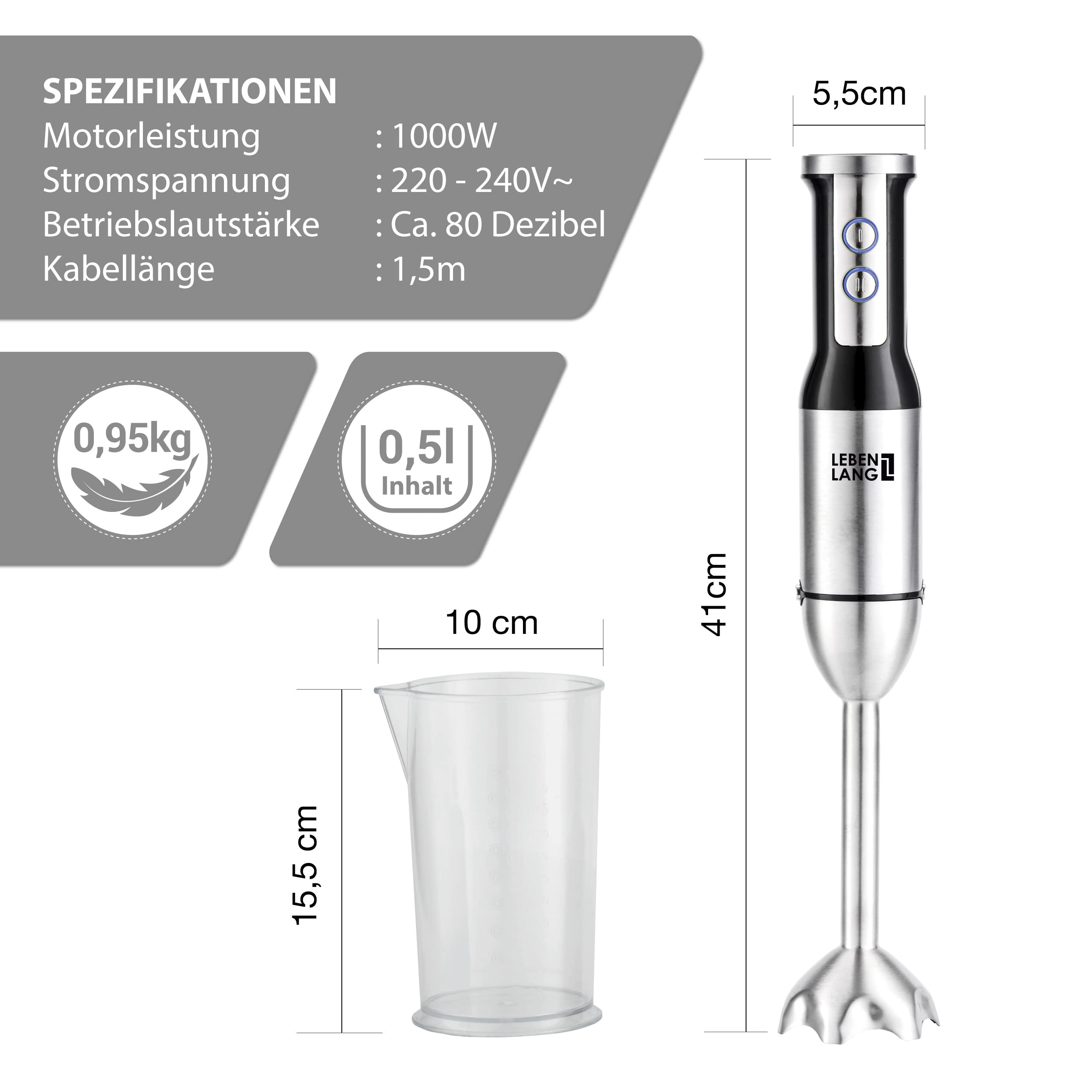 LEBENLANG 1000W Stabmixer Edelstahl - Mit Spritzschutz & 8 Stufen & Turbo 6