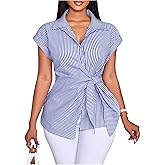 Verdusa Women's Striped Dolman Short Sleeve Blouse Button Down Lapel Collar Dressy Belted Shirt