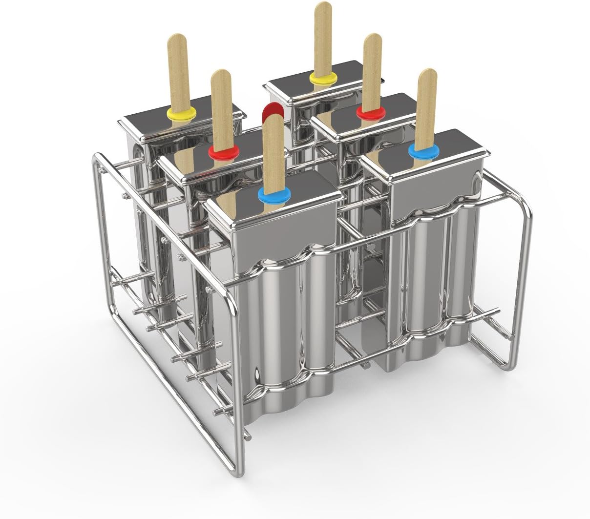 Kettio 6 pcs Stainless Steel Popsicle Ice Lolly Pop Mold, Ice Cream Mould with Stainless Steel Stick Holder Base Lolly Maker Set includes Silicone Funnel + Cleaning Brush + 30 Reusable Bamboo Sticks