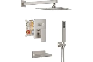 HoliSpa Shower System with Tub Spout, All Metal Tub Shower Faucet Set with 10" Rain Shower Head and Handheld Spray combo, Wall Mounted Tub Shower Systems with Valve and Trim Kit, Brushed Nickel