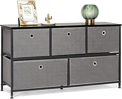 Meuble De Rangement Avec 5 Tiroir En Tissus Commode Avec Dessus En Bois Armoire Basse Buffet Bas Stockage Boites Pieds Reglables Metallique Pour Chambre Salon Entree Cuisine Acier Bois Noir Grise Amazon Fr Cuisine