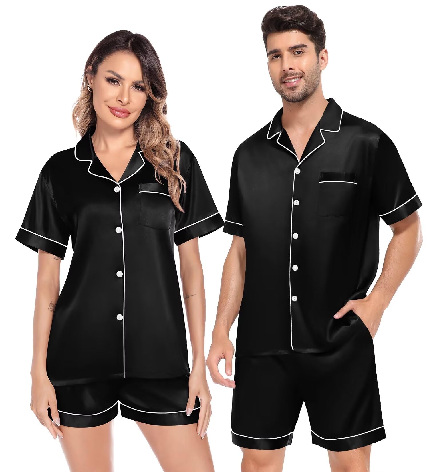 Photo 1 of ***PARTIAL SET ONLY 1*** SWOMOG Satin Matching Pajamas Sets Couple Silk Button Down Nightwear Women & Men Short Sleeve Sleepwear 2 Pieces Loungewear Black