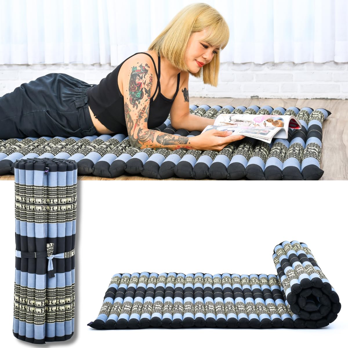 Leewadee - Kapok Roll Mat – Handcrafted Folding Sleep & Relaxation Mattress from Thailand, Ideal as Guest Bed, Camping Mat, Yoga Mat or Traditional Futon, 190 x 100 cm, Blue