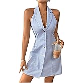 WDIRARA Women's Striped Button Front Sleeveless Halter Dress Lapel Neck Tie Backless A Line Dresses