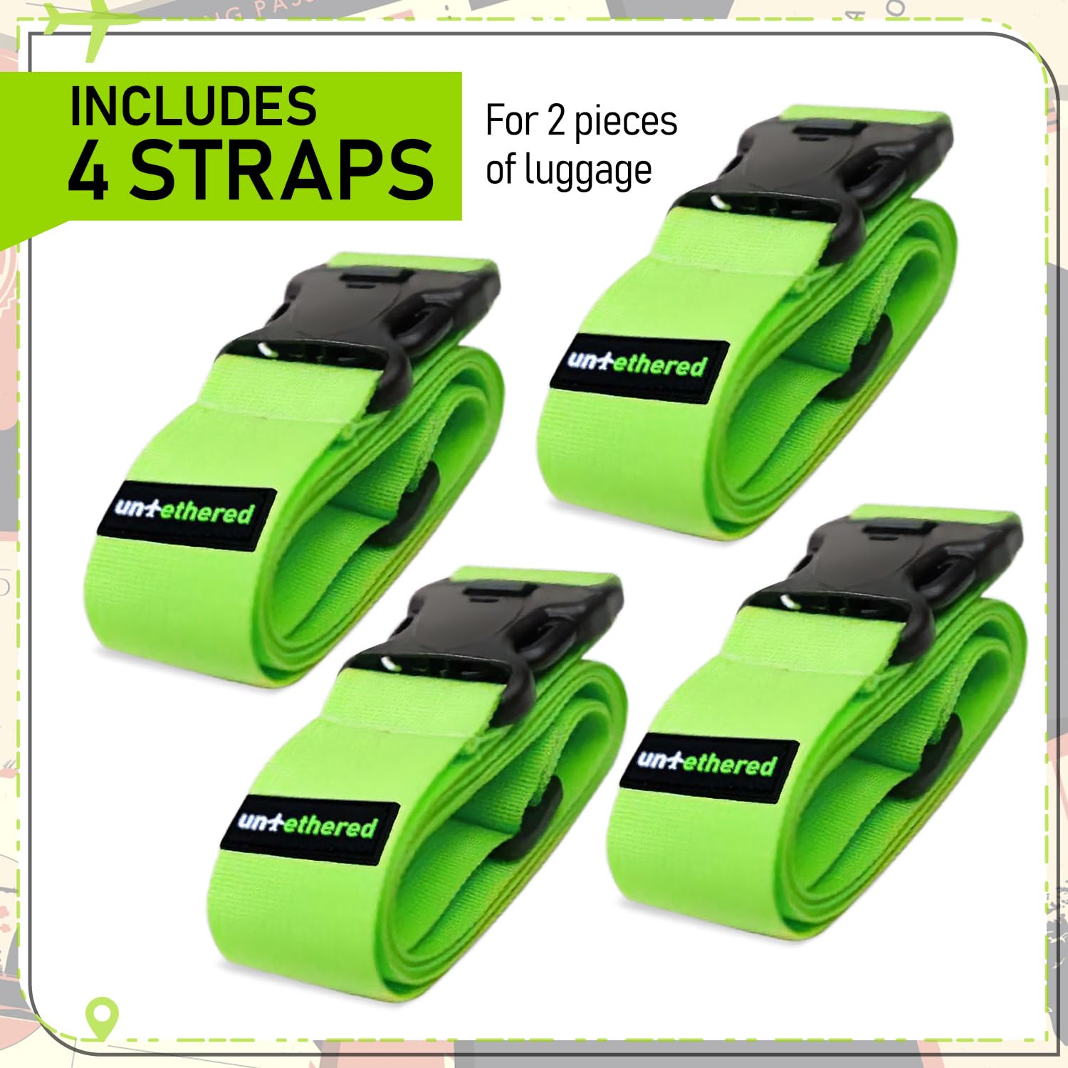 Untethered Untethered Luggage Straps | TSA-Approved Suitcase Belts with Heavy-Duty Buckles. Secure Adjustable Travel Accessories for Checked Bags. 4-Pack
