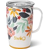 Swig Life 18oz Travel Mug, Insulated Tumbler with Handle and Lid, Cup Holder Friendly, Dishwasher Safe, Stainless Steel, Travel Coffee Cup (Honey Meadow)
