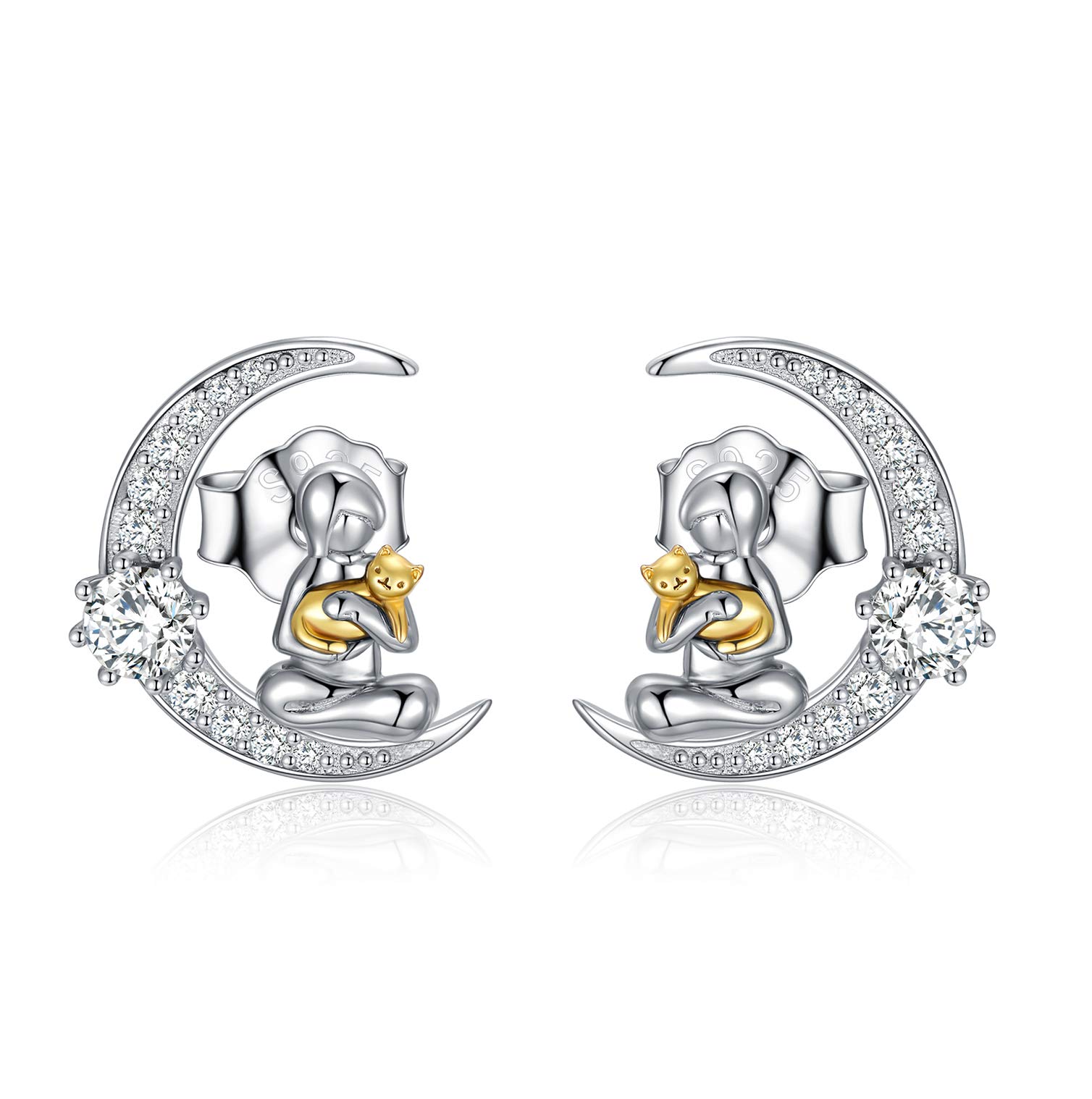 AOBOCO Sterling Silver Cat Stud Earrings, Cat Jewellery Birthday Gifts for Women Girls