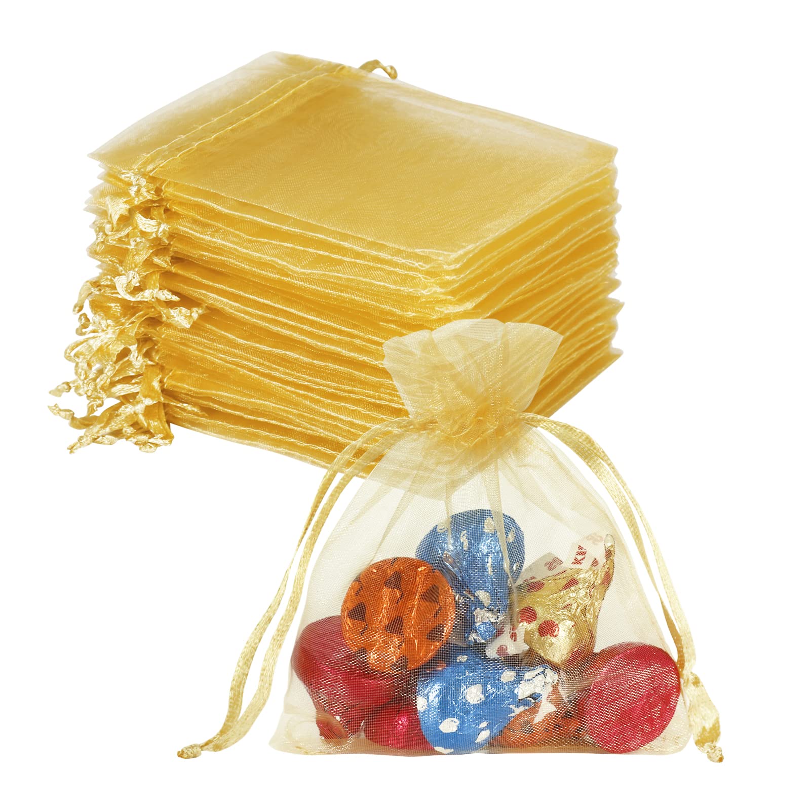 Photo 1 of HRX Package 100pcs Little Gold Organza Bags 3 x 4 inch, Mesh Jewelry Pouches Drawstring Empty Sachets for Bracelets Candy Small Gift