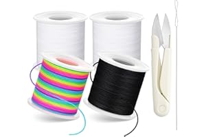 INGGIX Stretchy Bracelet String Kit with Scissors & Beading Needle, 4 Rolls Elastic String for DIY Crafts, 1mm Stretchy Cord for Jewelry Making Sewing Necklace Beading, 660FT, (Black, White, Rainbow)