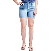 Women's Curvy Fit Exposed Button Cuffed Shorts, Medium Blue, 10