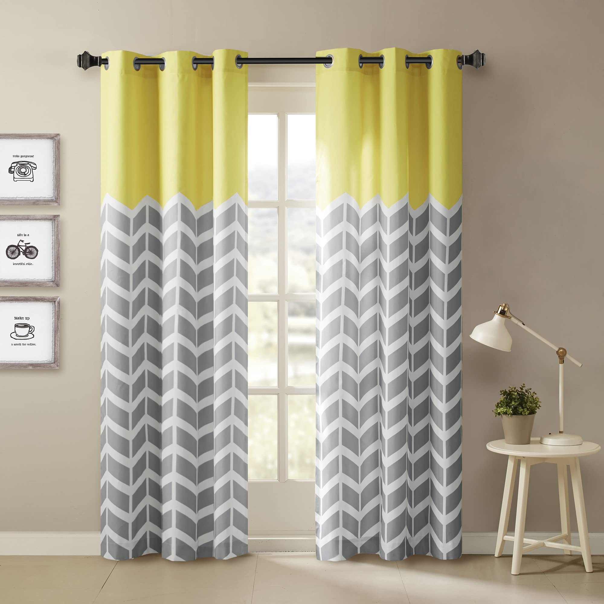 Intelligent Design Alex Chevron Curtains for Living, Modern Contemporary Grommet Room Darkening Bedroom, Geometric Window, 42X63, 2-Panel Pack, Yellow