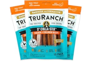 TRURANCH Collagen Sticks - 5" Collagen Sticks for Dogs - Long Lasting Healthy Joint Support Dog Treat - Rawhide Alternative - Skin & Coat Health - Made with Real Chicken, 3 Bags, 45 Count