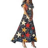 Barnrae July 4Th Women Summer Maxi Dresses Independence Day Sunflowers USA Flag Casual Trendy Short Sleeve Swing Sundress