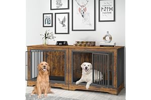 Yafylly 75 Inch Dog Crate Furniture for 2 Dogs, 3 in 1 Dog Crate TV Stand, Extra Large Double Dog Cage with Trays and Divider (Brown)