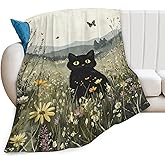 Black Cat Blanket Floral Wildflower Kitten Throw Blankets Gifts for Girls Boys Kids Cat Lover Soft Cozy Fleece Plush for Couch Sofa Bed 50"x40"