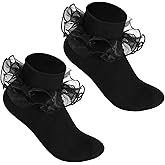 Sorcristy Elegant Black Ruffle Socks for Women, Ankle Double Lace Frilly Crew Socks, Fold Cuff Cotton Ruffled Dress Crew Bobby Bride Sock,1 Pair