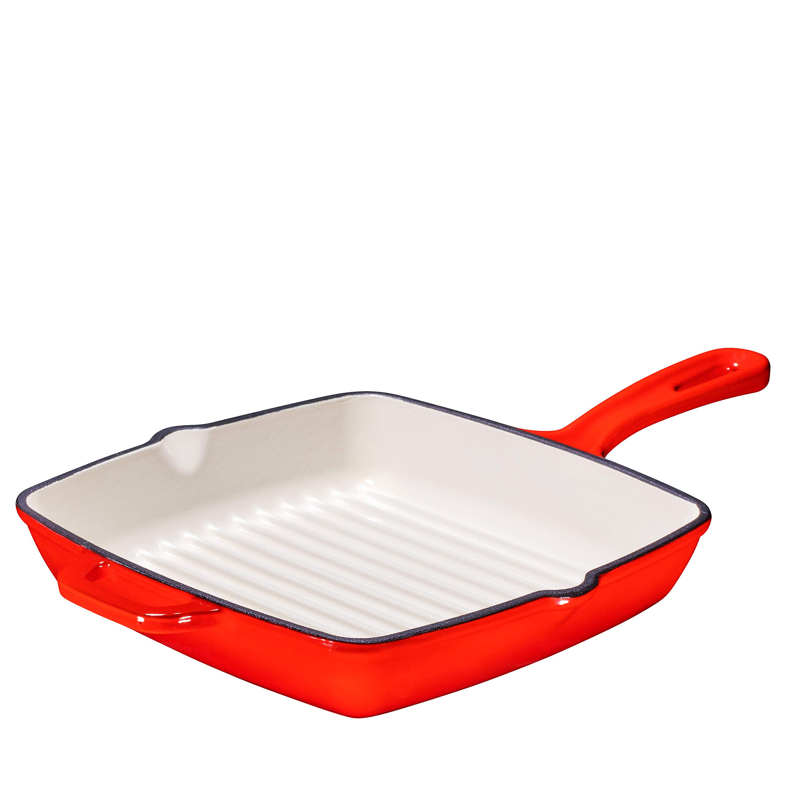 Bruntmor Pre-Seasoned 10 Inch Red Square Cast Iron Pan | Indoor Grill | Cast iron Skillet Flat Top Grill with Easy Grease Draining for Grilling Bacon, Steak, and Meats, Stove, Fire and Microwave Safe