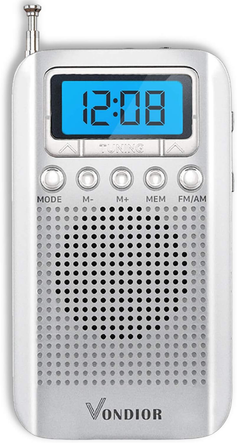 Digital AM FM Portable Pocket Radio with Alarm Clock- Best Reception and Longest Lasting. AM FM Compact Radio Player Operated by 2 AAA Battery, Stereo Headphone Socket (Silver), by Vondior: Electronics