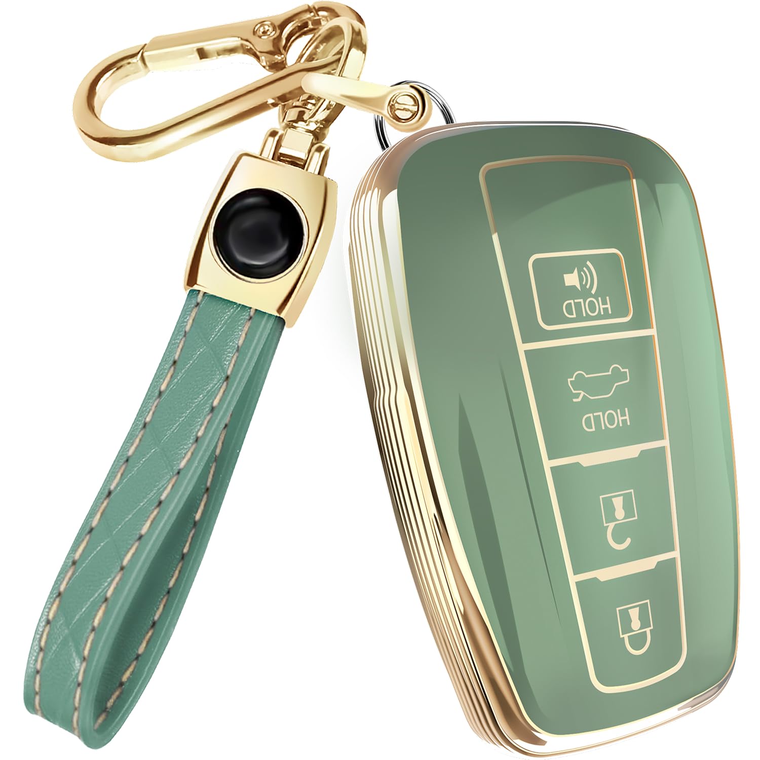 Photo 1 of Lucrum for Toyota Camry Key Fob Cover and Leather Keychain - TPU Key Case for Toyota Corolla, RAV4, Avalon, Prius, C-HR - 2019-2024 Keyfob Cover Compatible with HYQ14FBE - Green and Gold