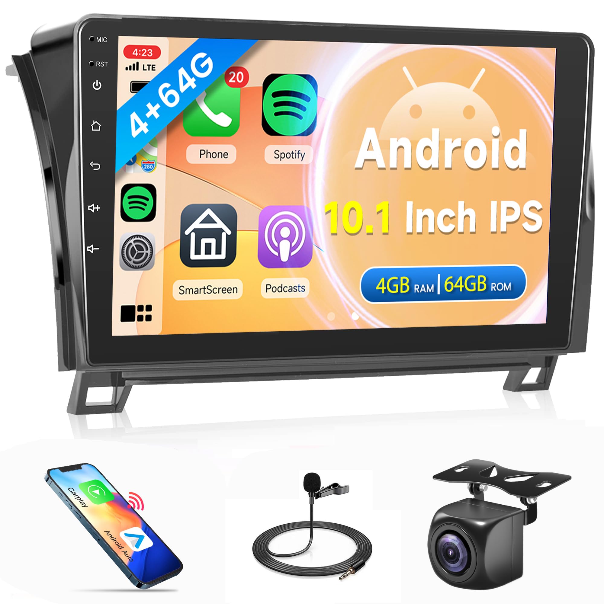 Photo 1 of 4G+64G Car Radio for Toyota Tundra 2007-2013, Rimoody Android Car Stereo for Toyota Sequoia 2008-2019 Carplay Android Auto Mirror Link GPS WiFi 10.1 Inch Touchscreen Bluetooth FM/RDS EQ SWC Camera