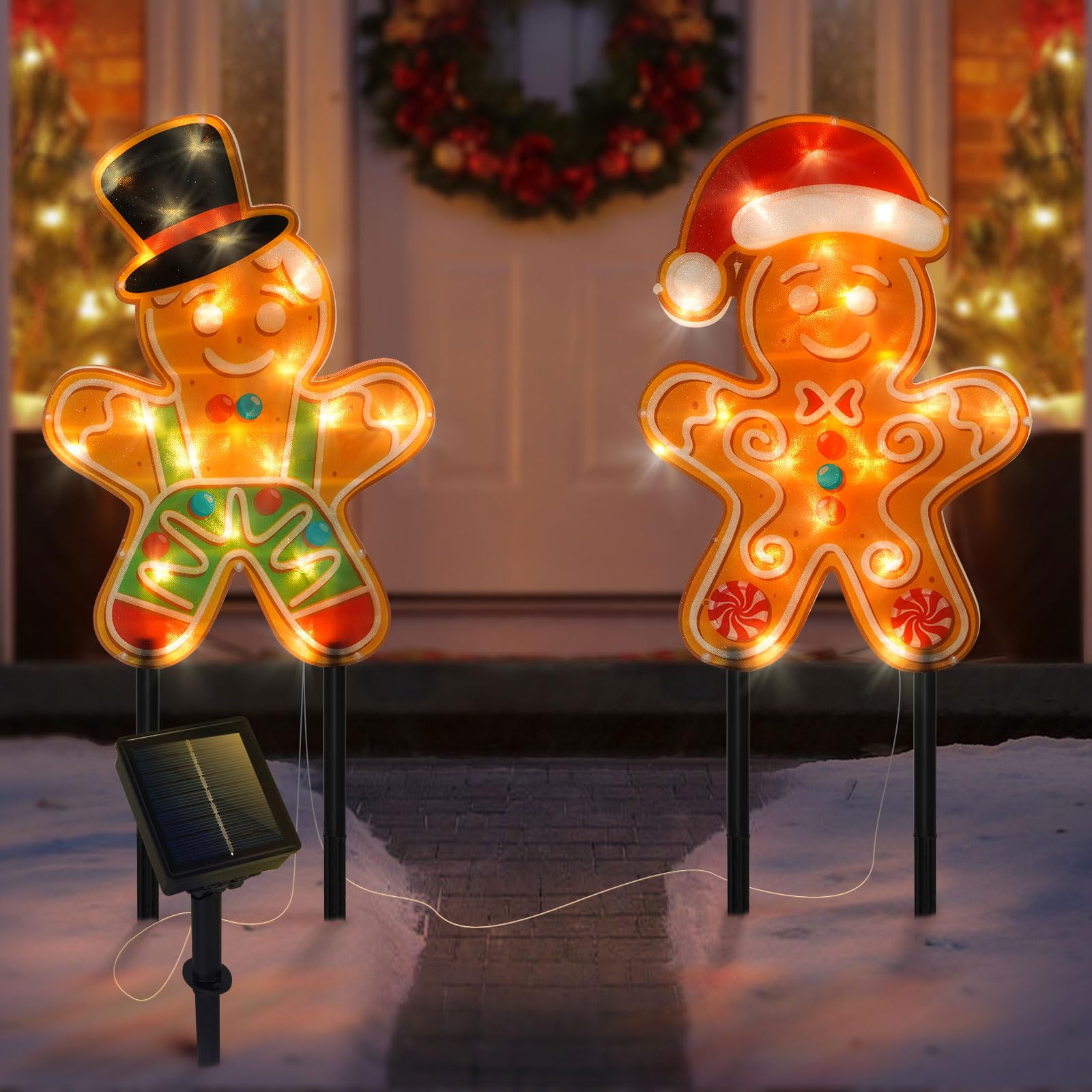 Photo 1 of 2 PCS Gingerbread Man Solar Christmas Decorations Outdoor, 8 Modes Solar Pathway Stakes Lights, Outdoor Christmas Lights Decor for Garden, Porch, Yard, (Gingerbread Man)