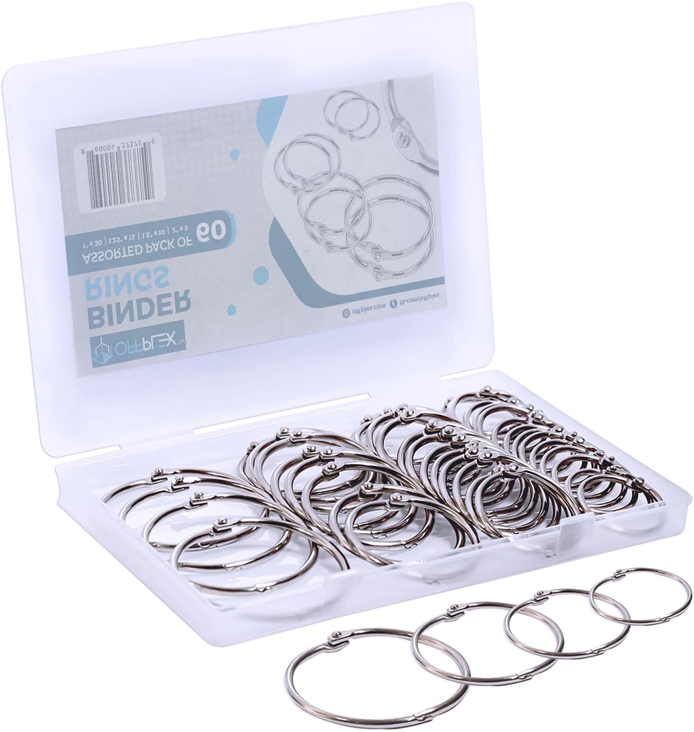 OFFPLEX (60 Pack) Loose Leaf Binder Rings Assorted Sizes (1, 1.25, 1.5, 2 Inch), Premium Nickel Plated Steel Book Rings for School and Office Use, Book Binder Rings in a Convenient Storage Box : Office Products