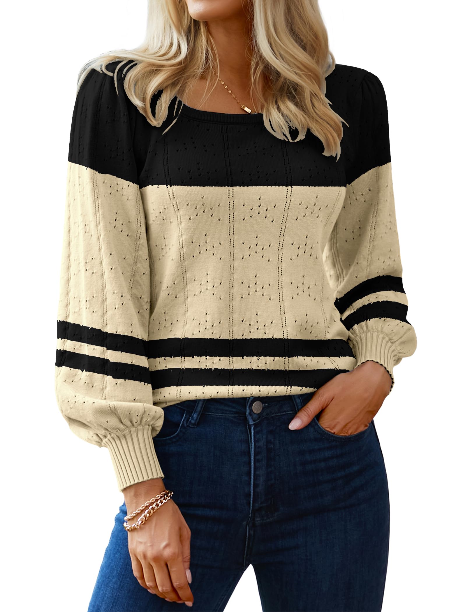 HOTOUCH Womens Sweaters Fall 2026 Trendy Puff Sleeve Tops Casual Knit Square Neck Cute Tunic Pullover Blouses Shirts Black Beige XXL Image