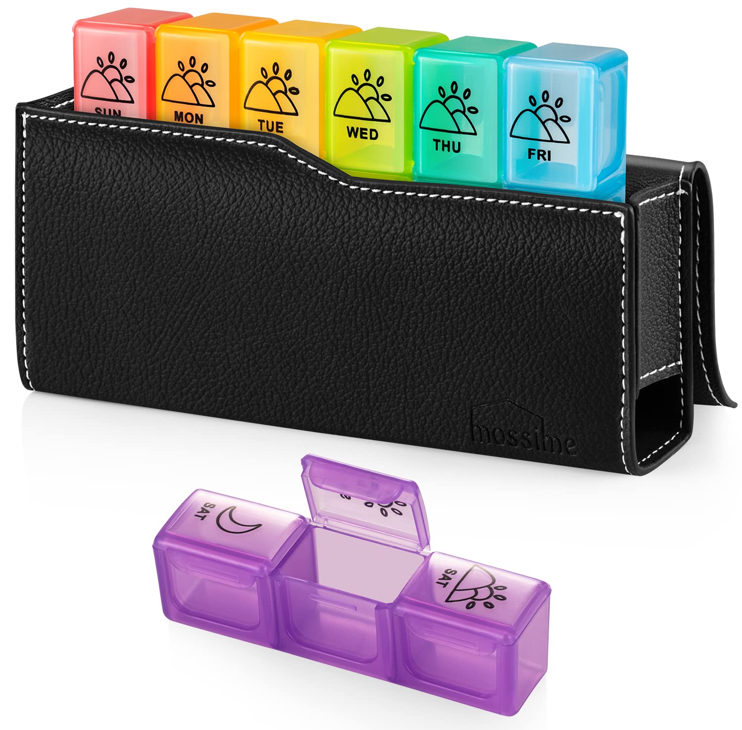 Weekly Pill Boxes 3 Times a Day, Pill Box Organiser 7 Day with Magnetic PU Leather Case BPA Free Travel Medicine Box, Pill Organiser with Large Compartments for Holder Vitamins (Multicolor)