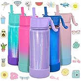 CHILLOUT LIFE 17 oz Kids Insulated Water Bottle with Straw Lid Leakproof and Cute Waterproof Stickers, Personalized Stainless Steel Thermos Flask Metal Water Bottle, Purple Sparkle