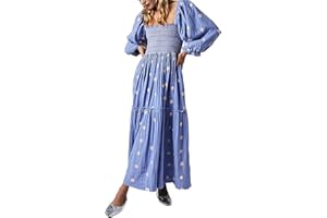 Chloefairy Women's Flower Embroidered Maxi Dress Lantern Sleeve Square Neck Tiered Flowy Spring Fall Dress