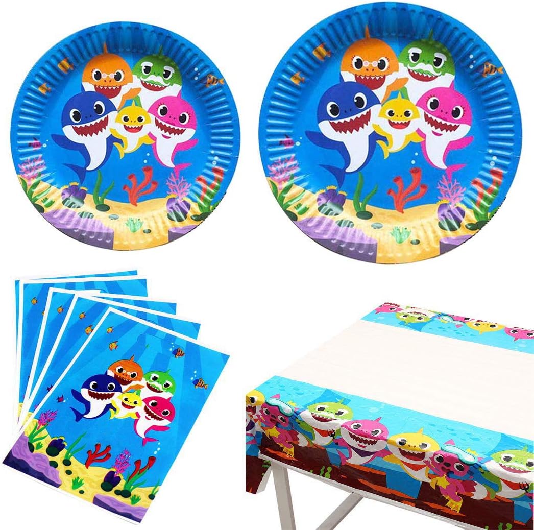 Baby Shark Birthday Party Supplies 9 + 7 Inch Party Plates, Cake Paper Dinner Plates, Table Cover, Gift Bags for Doo Doo Theme Decorations