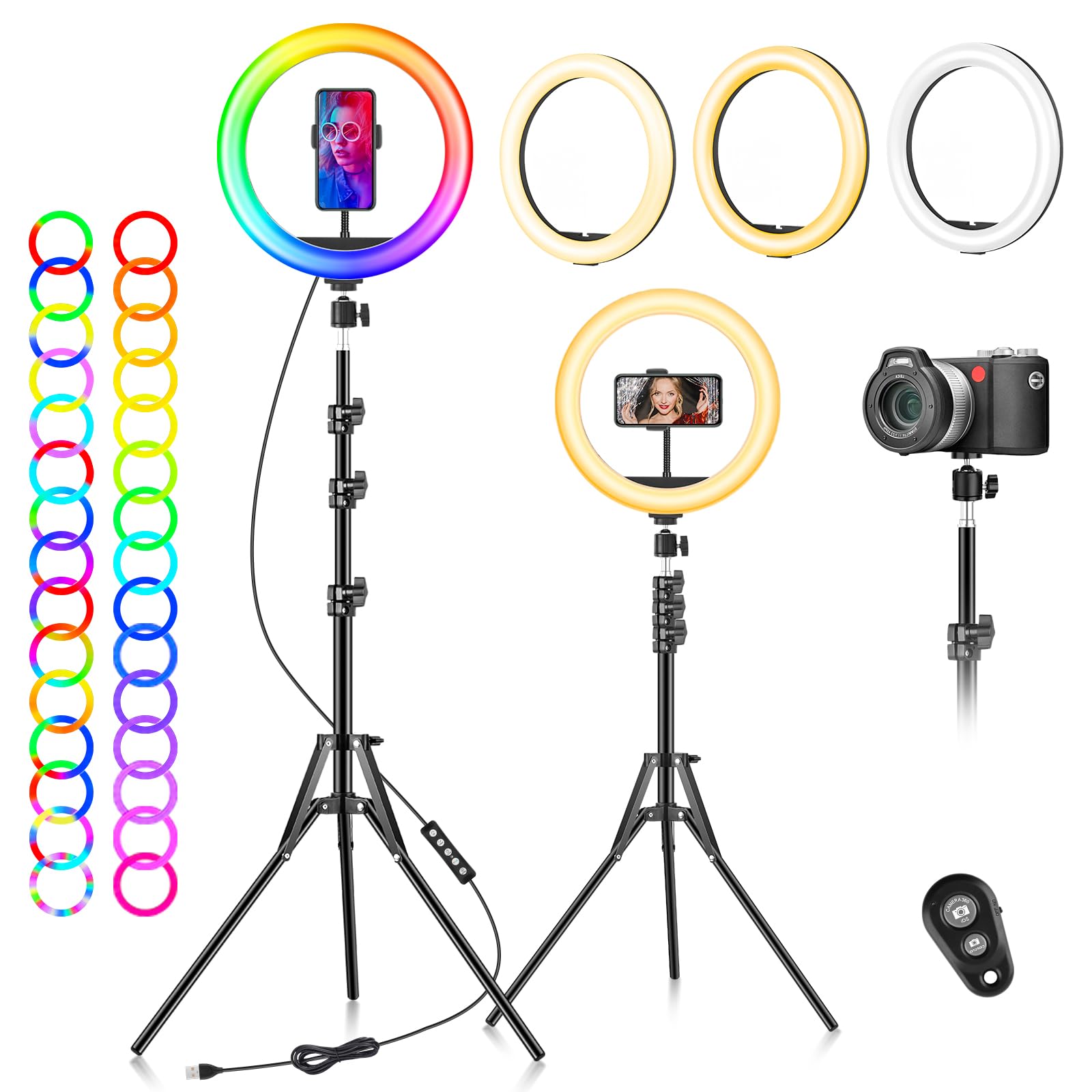 Ring Light with Tripod Stand & Phone Holder - 10 inch Selfie LED Ringlight Dimmable Desktop Lamp 40 Colors RGB Tall Circle Light for Camera Makeup Video YouTube Live Streaming Zoom Meeting
