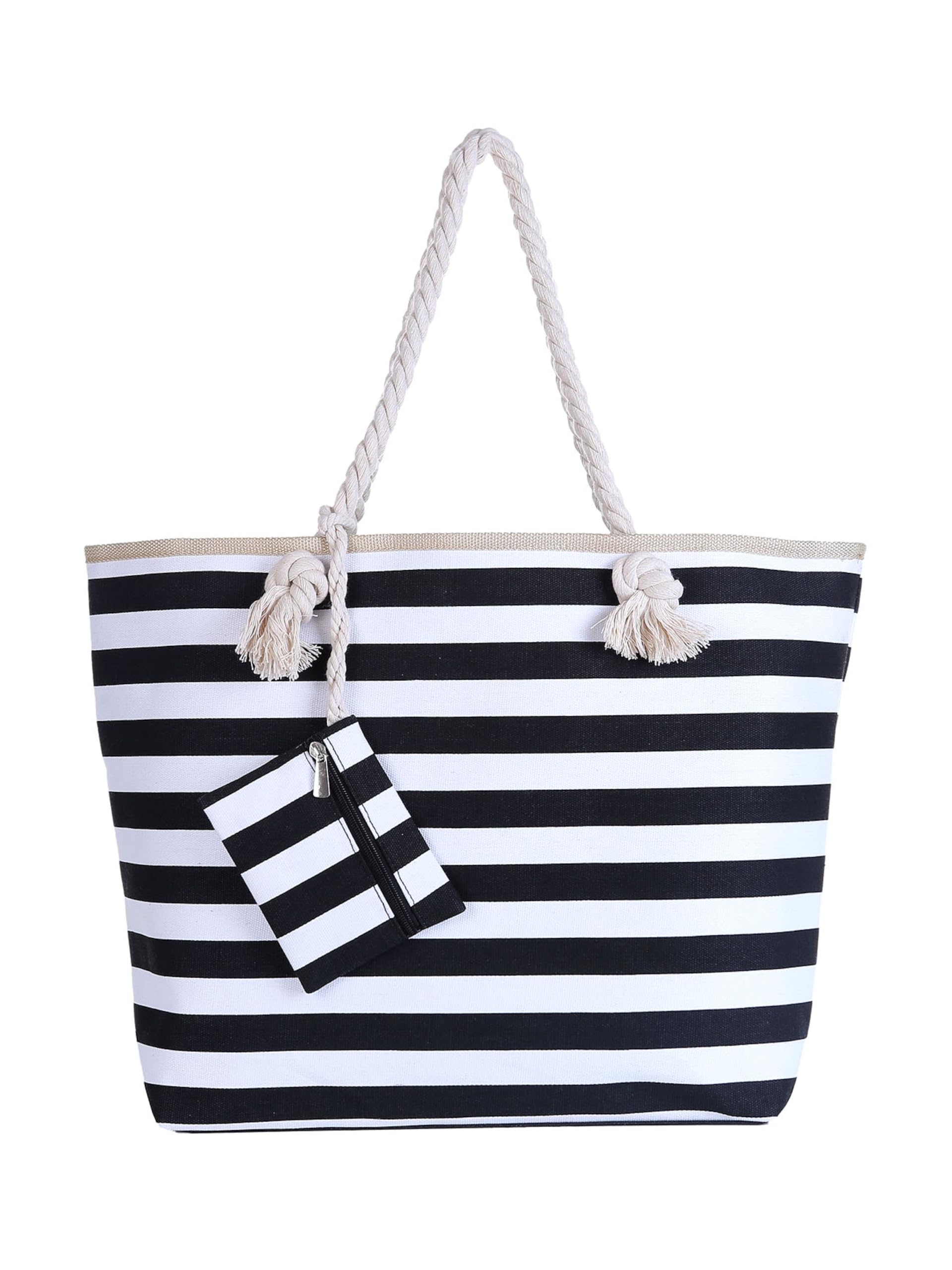 DonDon Large Beach bag for women with zip Waterproof Pool bag tote beach bags Stripes Black White