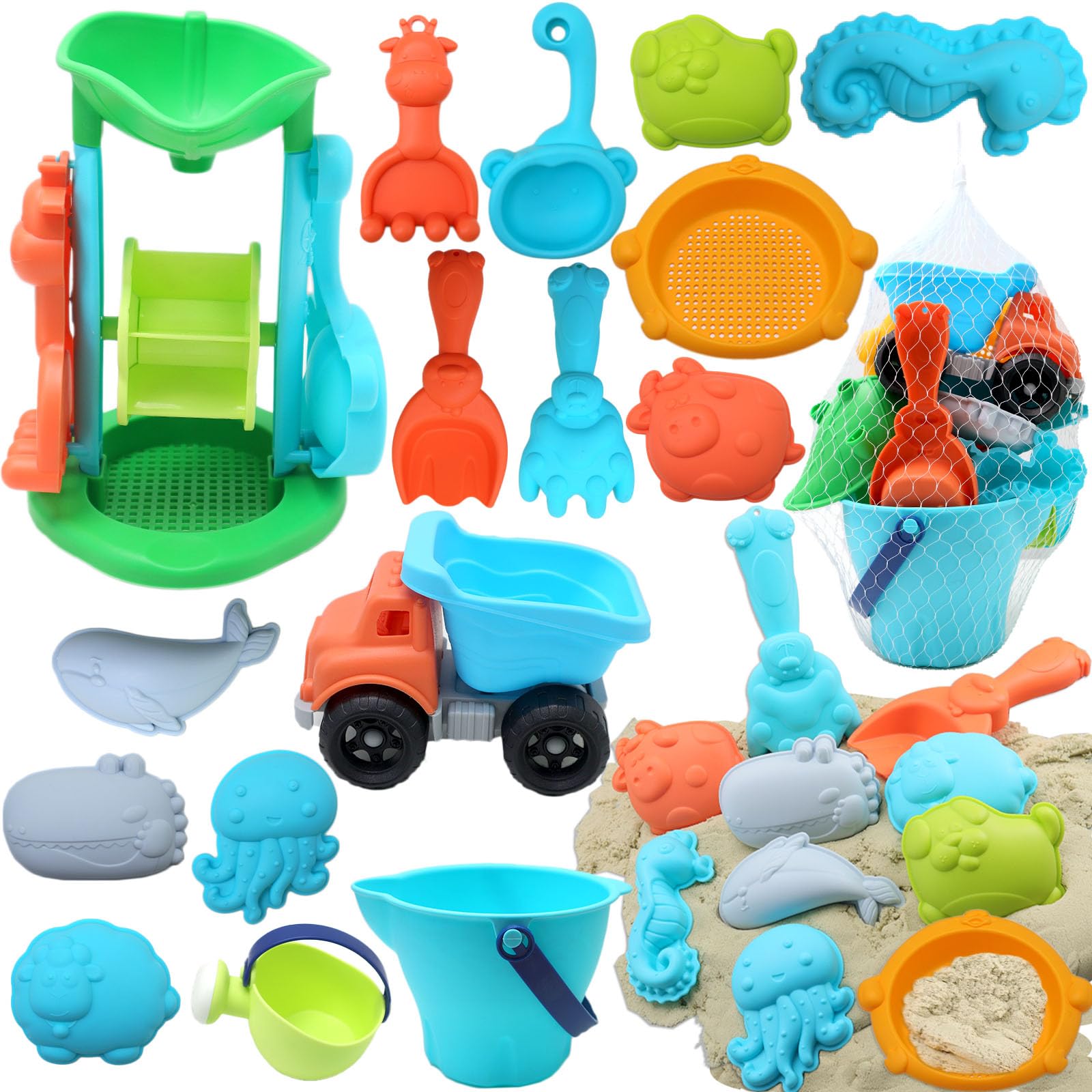 Photo 1 of CORPER TOYS Beach Sand Toys for Kids Toddlers with Construction Truck, Water Wheel Tower, Bucket, Watering Can, Sand Sieve, Shovel, Rake, Animal Sand Molds & Mesh Bag for Sandbox Play