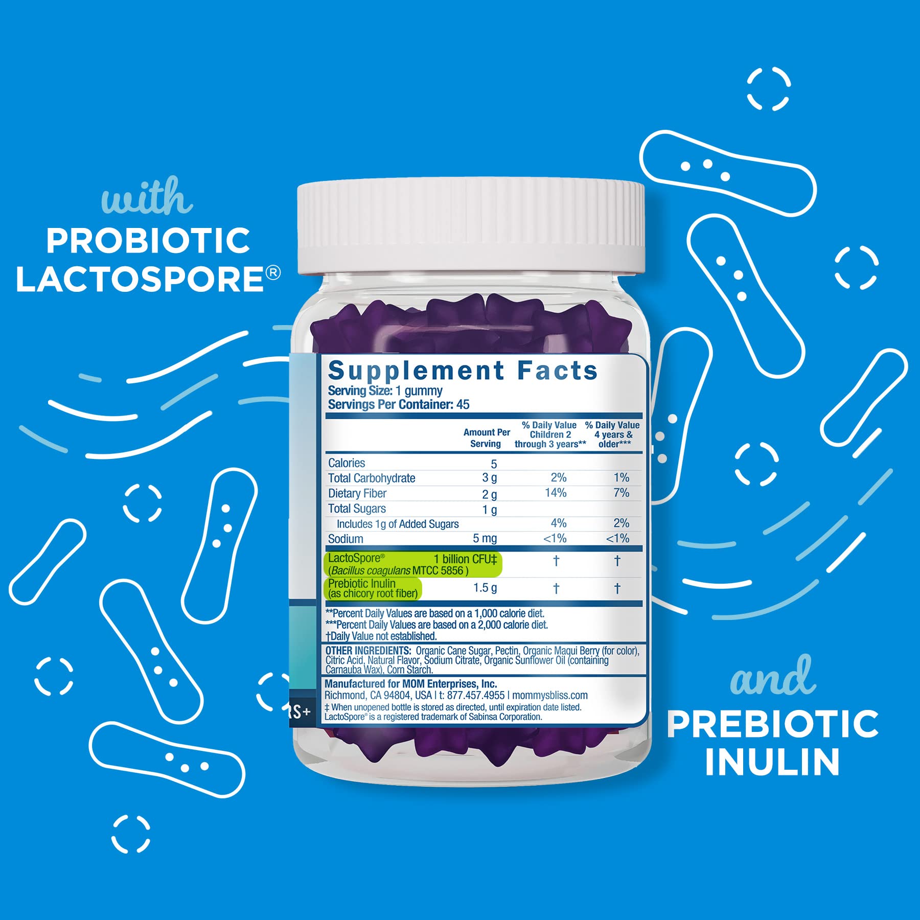 Mommy’s Bliss Kids Probiotic + Prebiotic Gummies, Supports Immunity & Digestive Health, 1 Billion CFU Per Gummy, Berry Flavor, Ages 2 Years+, 45 Count