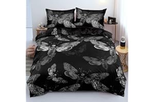 Holiyjog Death Skull Duvet Cover Set Full Size Gothic Bedding Set Skull Moth Comforter Cover Teens Skeleton Bones Black Bed Set