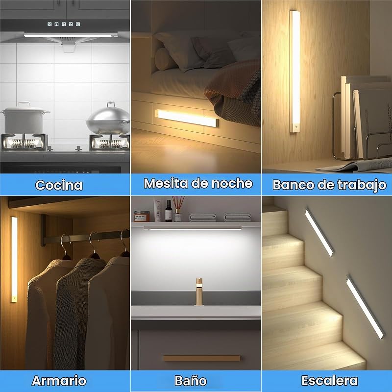 Luz LED Armario con Sensor de Movimiento, 43CM Regulable Luz LED Adhesiva con 3 Color Modos, 2500 mAh USB Recargable Luz Nocturna para Cocina, Armario, Escaleras, Pasillo, Garaje-2 Piezas
