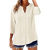 Micoson Womens 3/4 Sleeve Tops Cotton Linen Button Down Shirts V Neck Pleated Casual Loose Blouses Roll Up Sleeve Shirt