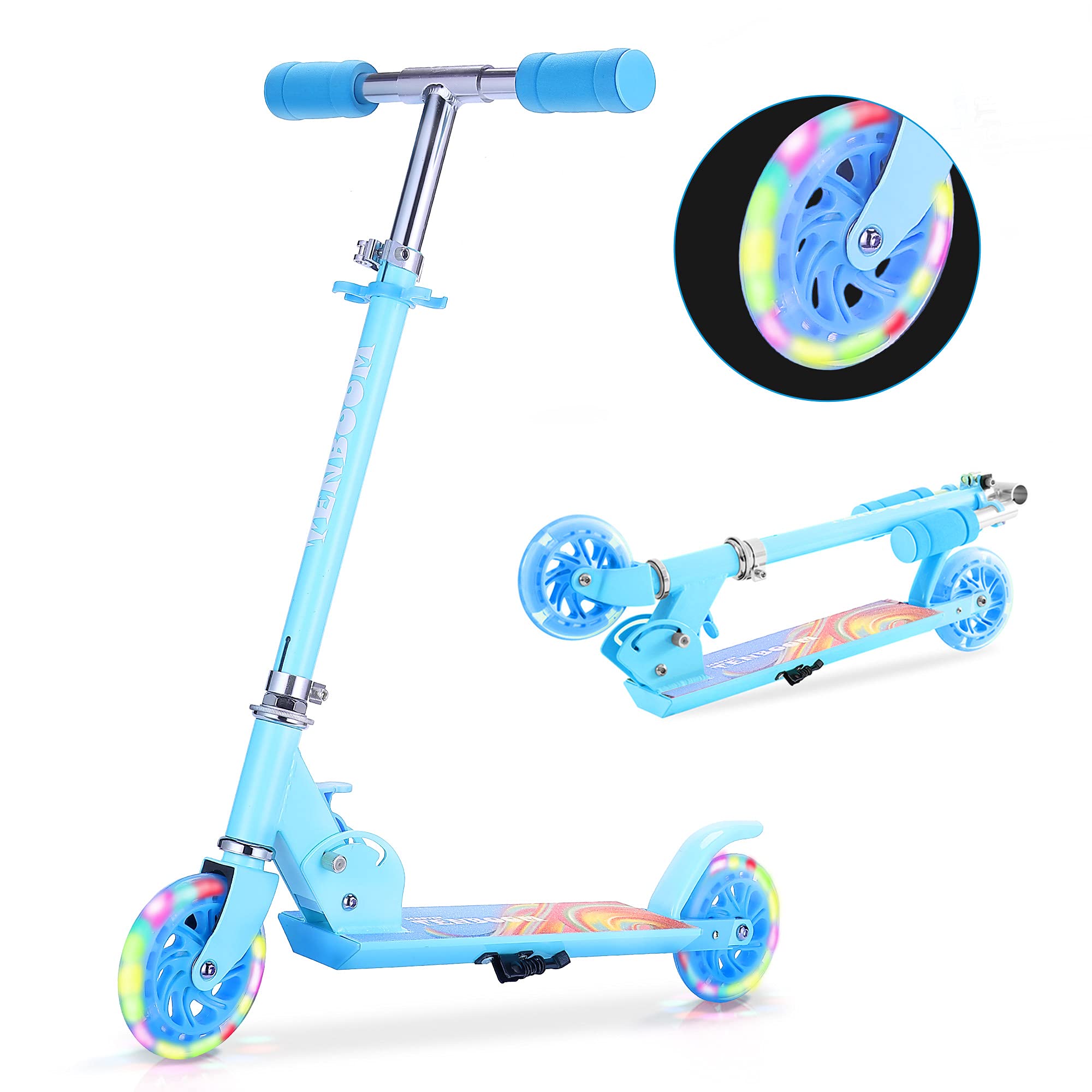 TENBOOM Kids Scooter Ages 6-12, Easy Folding with Adjustable Handlebar and Rear Brake, Light Up Scooter for Girls & Boys, Blue