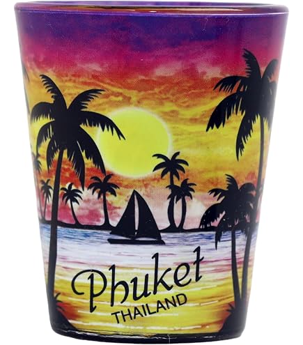 Bicchiere Da Shot Thailandia - Souvenir Con Collage Di Icone E Monumenti - Raro, Altezza 5.7 Cm