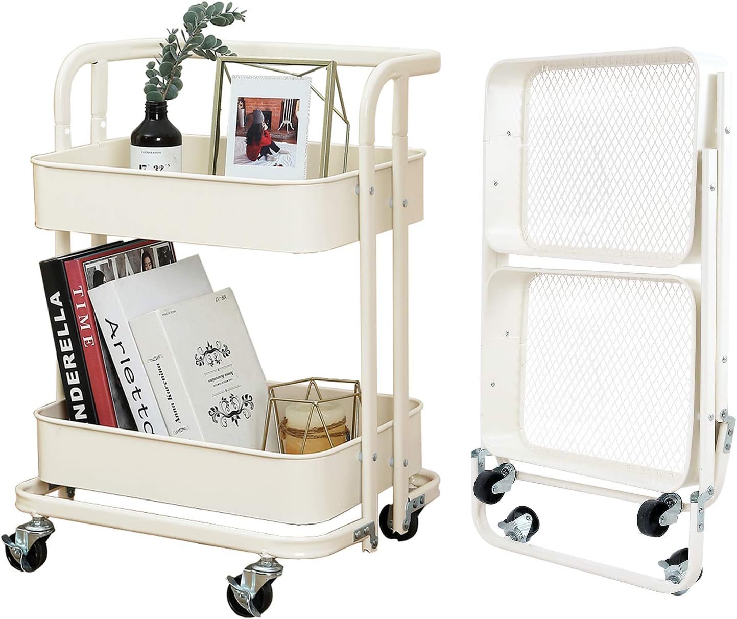 2-Tier Foldable Utility Rolling Cart Multifunction Storage Shelves with Handle and Wheels for Office Kitchen Bathroom Organization,Cream White