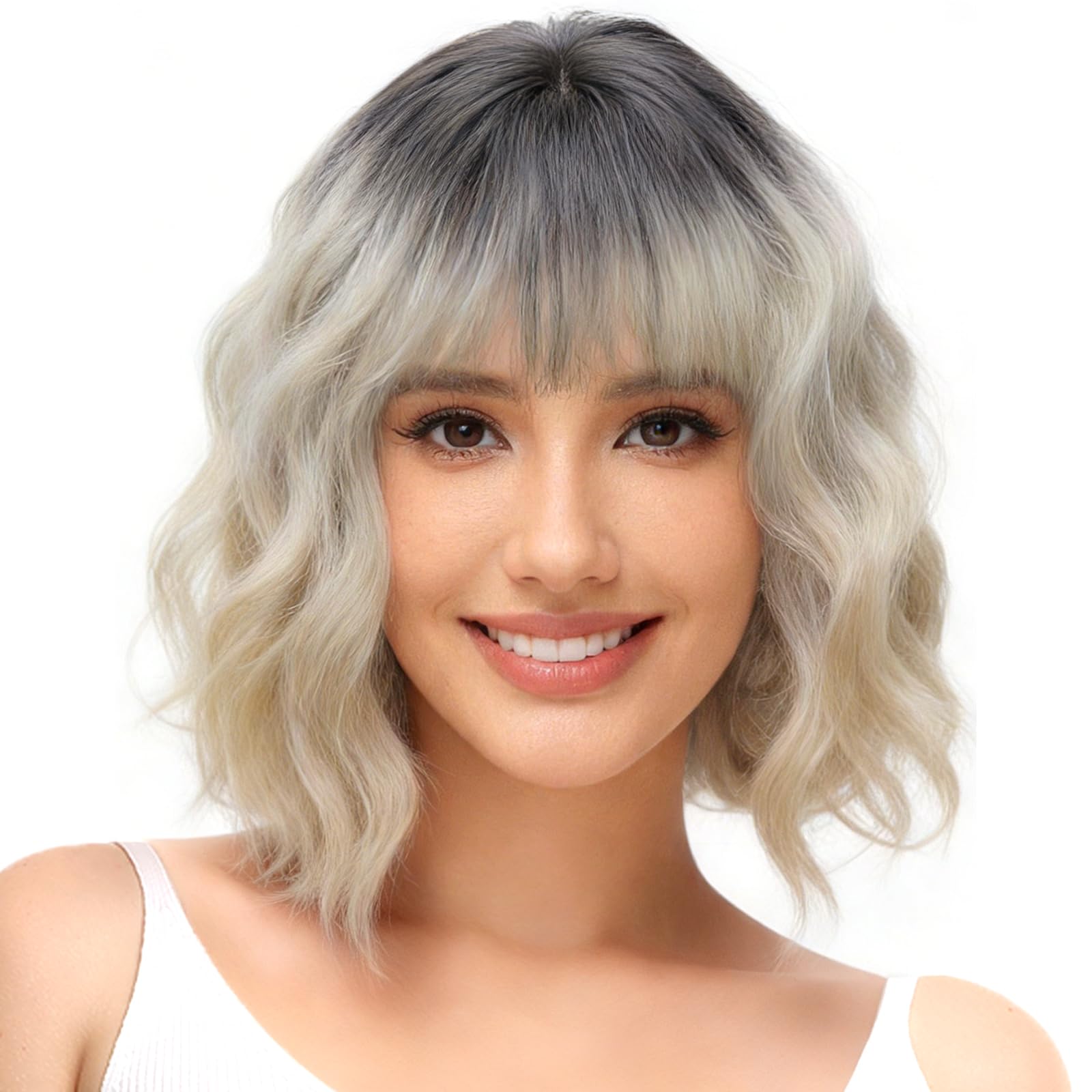 BUYOGET Wavy Bob Wig with Bangs Synthetic Hair Shoulder Length 12 Inch Short Curly Wigs for Women Ombre Blonde