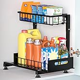 L-Shaped Under Sink Organizer, 2-Tier Pull Out Metal Kitchen Cabinet Organizer with Sliding Storage Drawer, Height Adjustable Heavy Duty Under Bathroom Sink Storage for Cleaning Supplies 1 Pack